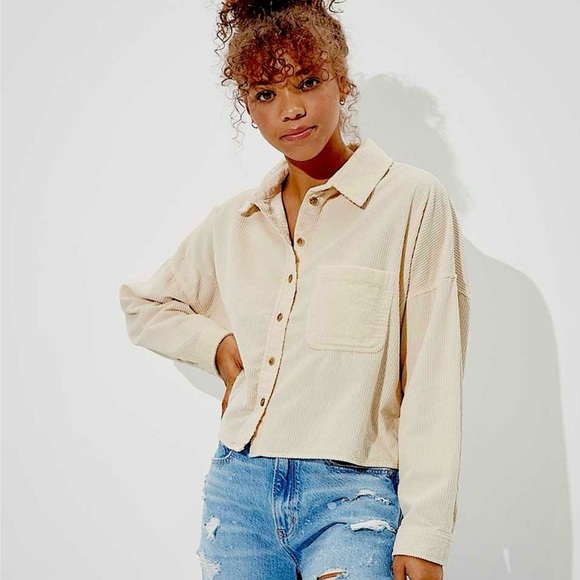 American Eagle Outfitters Tops - American Eagle Women’s Cream Corduroy Cropped Oversized Shirt Size M